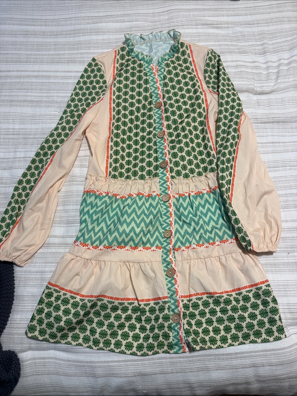 SHEIN Green & Cream Patchwork Long Sleeve Dress